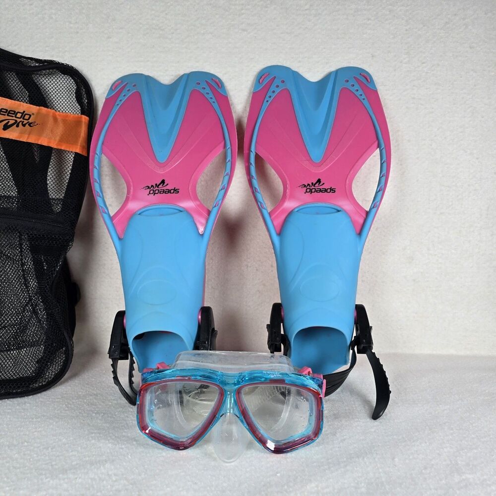 Speedo Junior Dive Snorkel Set Fins, Mask, Bag Pink And Blue